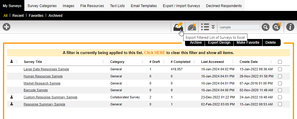 Export Filtered List of Surveys to Excel