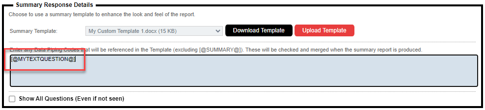 Response Summary Data Piping Code List