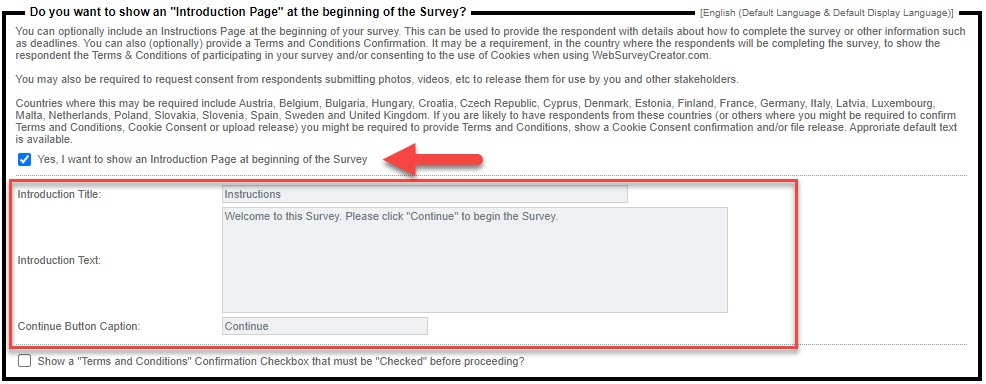 Survey Introduction Enable Checkbox Settings